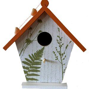 Bird House with Decorative Leaf Design and Orange Roof
